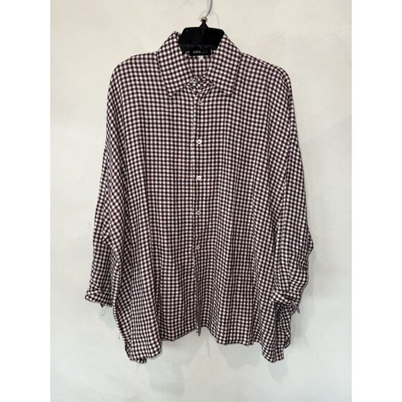 Eskandar Linen Boxy Shirt Women 0 Button Up Blouse Top Plaid Purple Cream Check - Picture 1 of 5